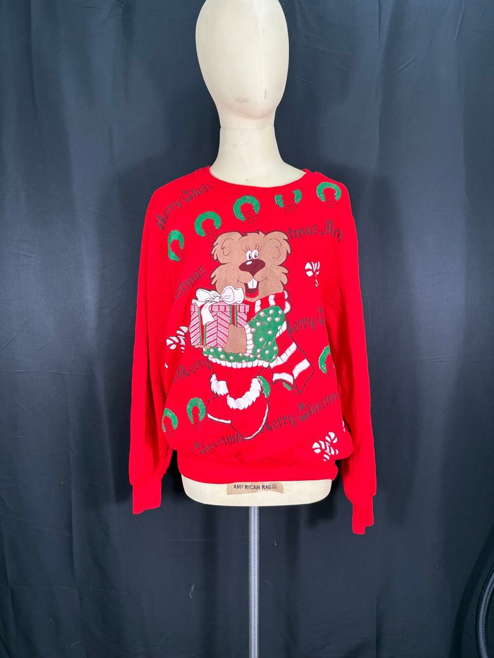 Vintage 80's Christmas Bear Red Sweatshirt B. J. Frog Lg Candy Canes Wreaths